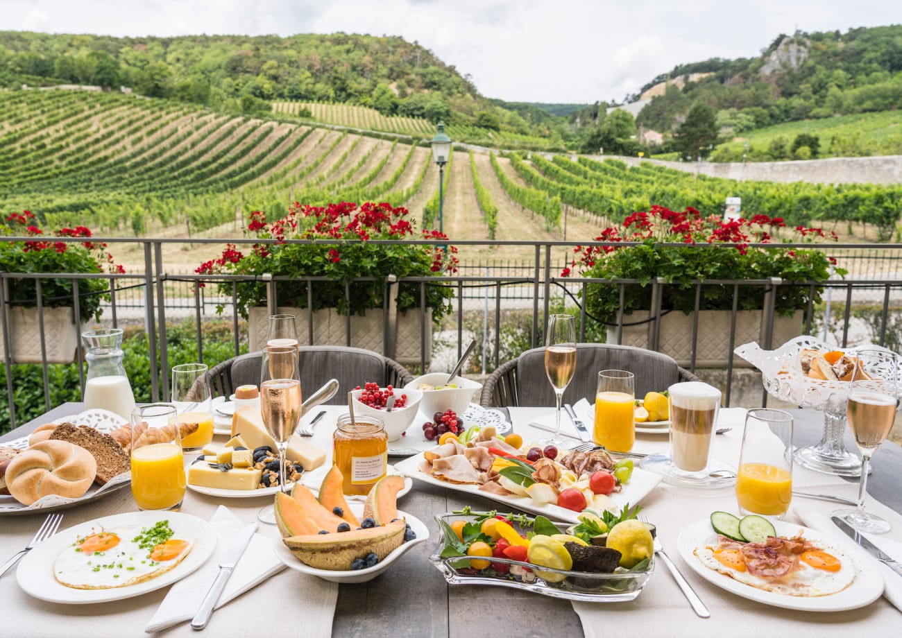 Having breakfast in the vineyards at the Turmhof Breakfast Hotel in Gumpoldskirchen